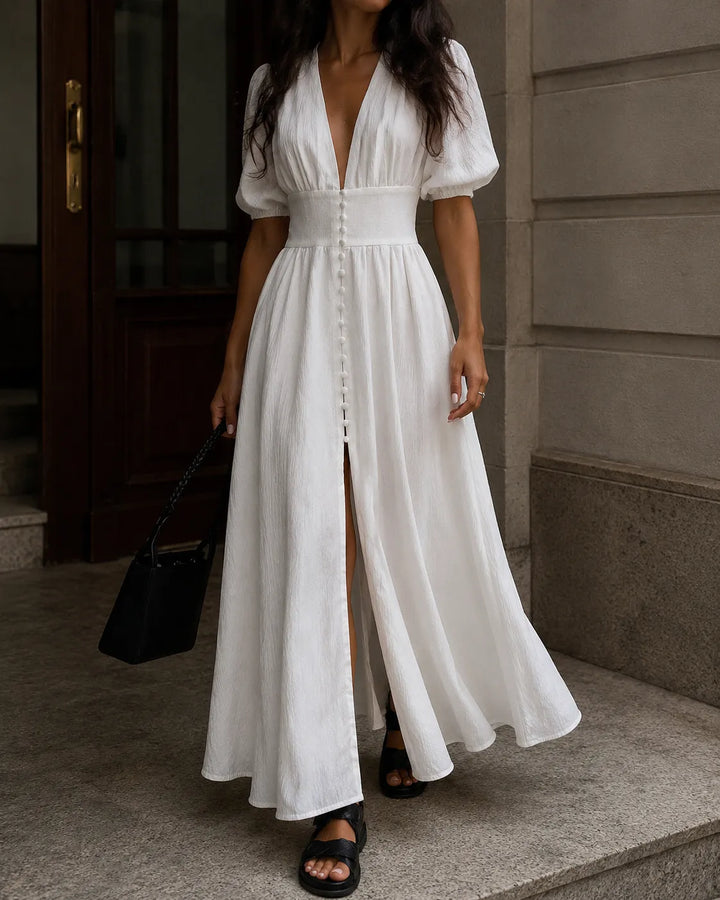 Evelyn | Elegant Deep V-Neck Button Front Maxi Dress